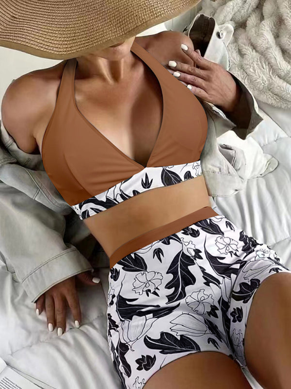 GR | Women's High Waist Boxer Tie Printed Solid Color Panel Bikini 