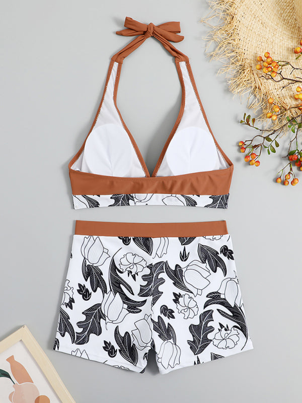 GR | Women's High Waist Boxer Tie Printed Solid Color Panel Bikini 