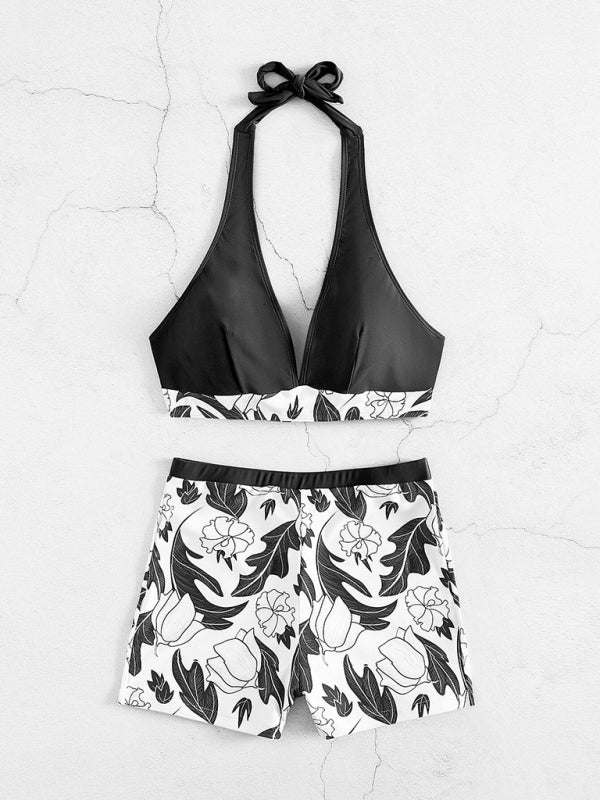 GR | Women's High Waist Boxer Tie Printed Solid Color Panel Bikini 