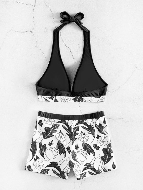 GR | Women's High Waist Boxer Tie Printed Solid Color Panel Bikini 