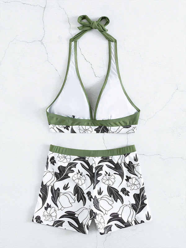 GR | Women's High Waist Boxer Tie Printed Solid Color Panel Bikini 
