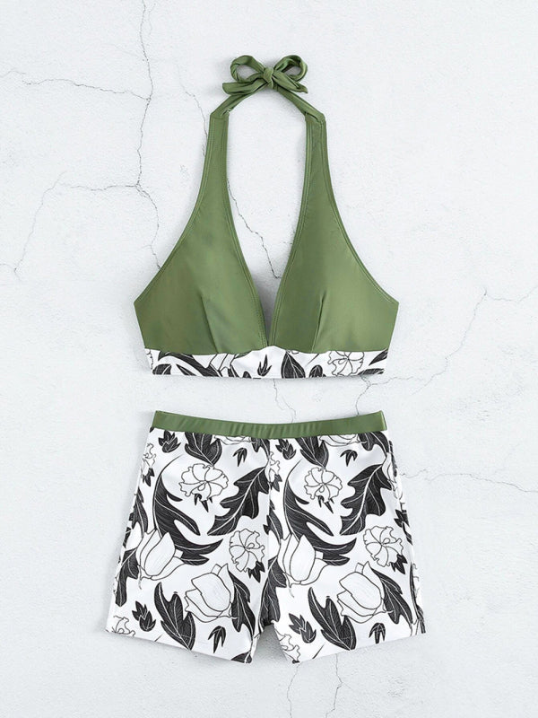 GR | Women's High Waist Boxer Tie Printed Solid Color Panel Bikini 