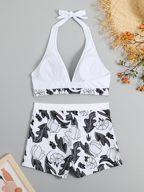 GR | Women's High Waist Boxer Tie Printed Solid Color Panel Bikini 