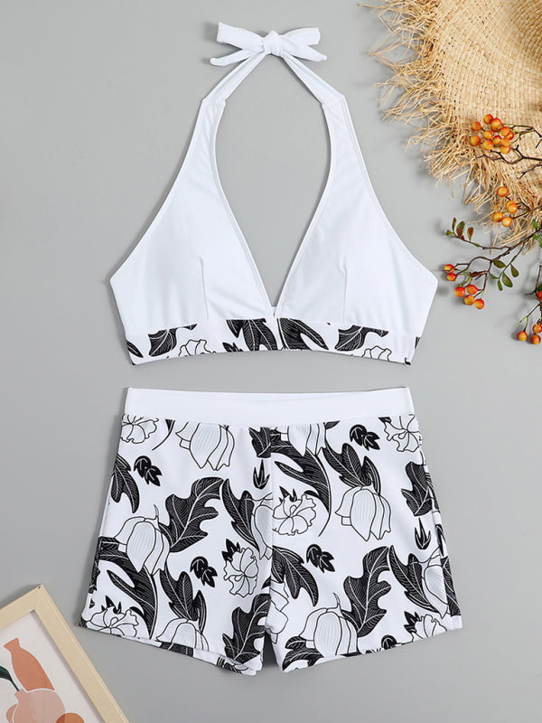 GR | Women's High Waist Boxer Tie Printed Solid Color Panel Bikini 