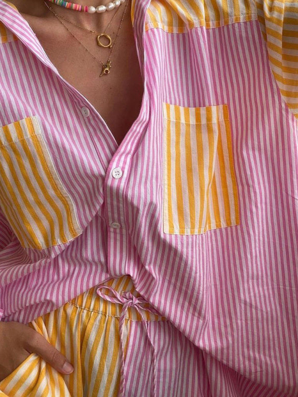 GR | Summer Beach Sportswear Shorts Set Striped Shirt Tops Shorts Set Two-Piece Set 
