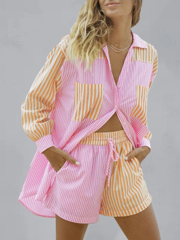 GR | Summer Beach Sportswear Shorts Set Striped Shirt Tops Shorts Set Two-Piece Set 