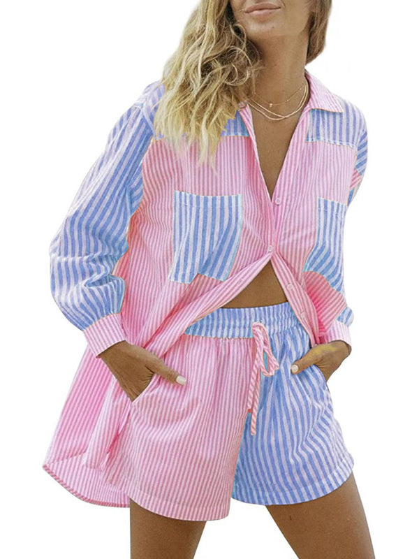 GR | Summer Beach Sportswear Shorts Set Striped Shirt Tops Shorts Set Two-Piece Set 