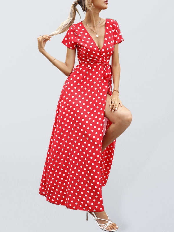 GR | Casual waist-length short-sleeved polka dot slit dress 