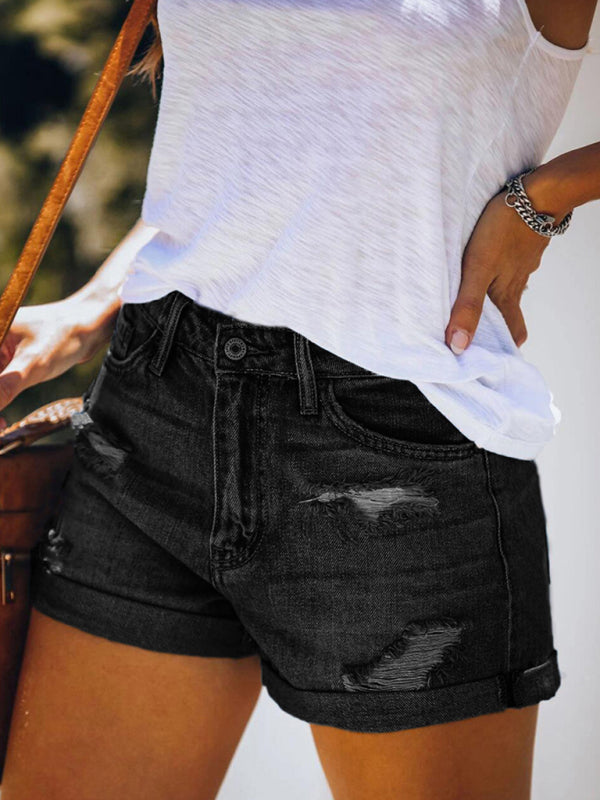 GR | Women's Stretch Mid-Height Denim Shorts with Holes 
