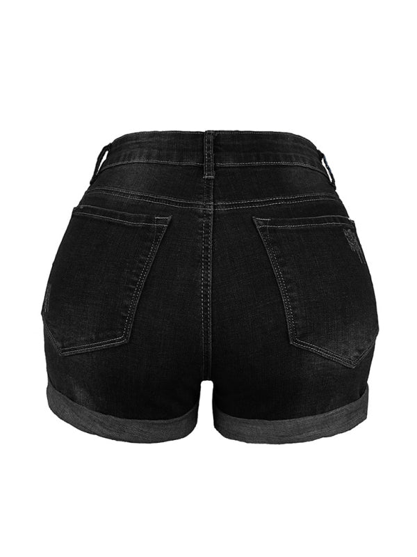 GR | Women's Stretch Mid-Height Denim Shorts with Holes 