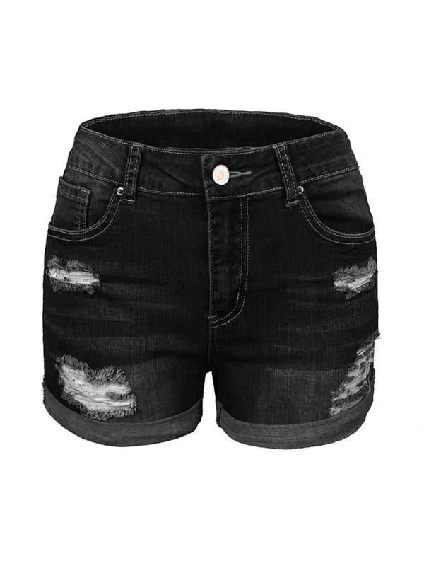 GR | Women's Stretch Mid-Height Denim Shorts with Holes 