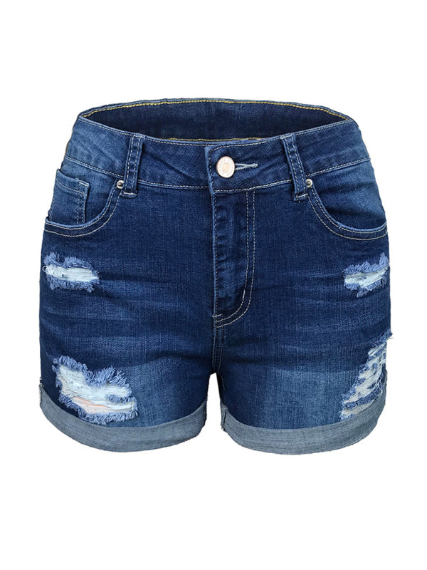 GR | Women's Stretch Mid-Height Denim Shorts with Holes 