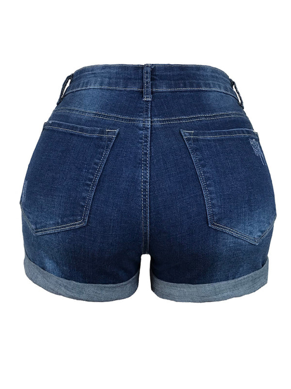 GR | Women's Stretch Mid-Height Denim Shorts with Holes 