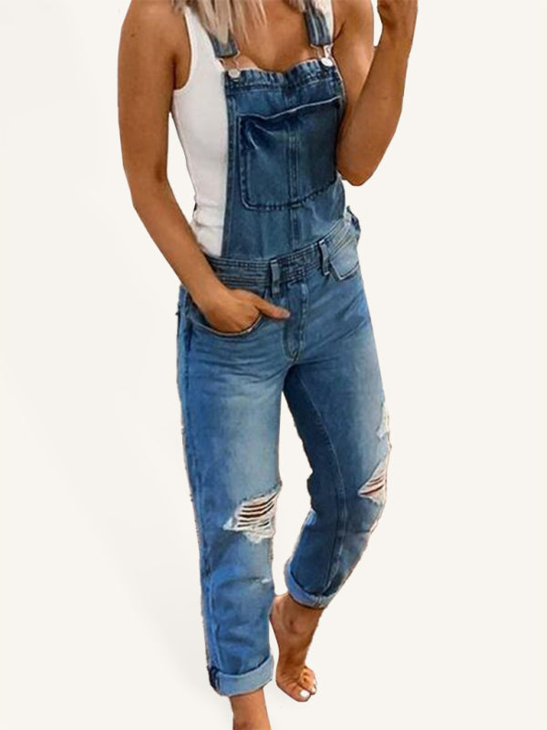 GR | Double Shoulder Strap Ripped Denim Jumpsuit Women's Casual
