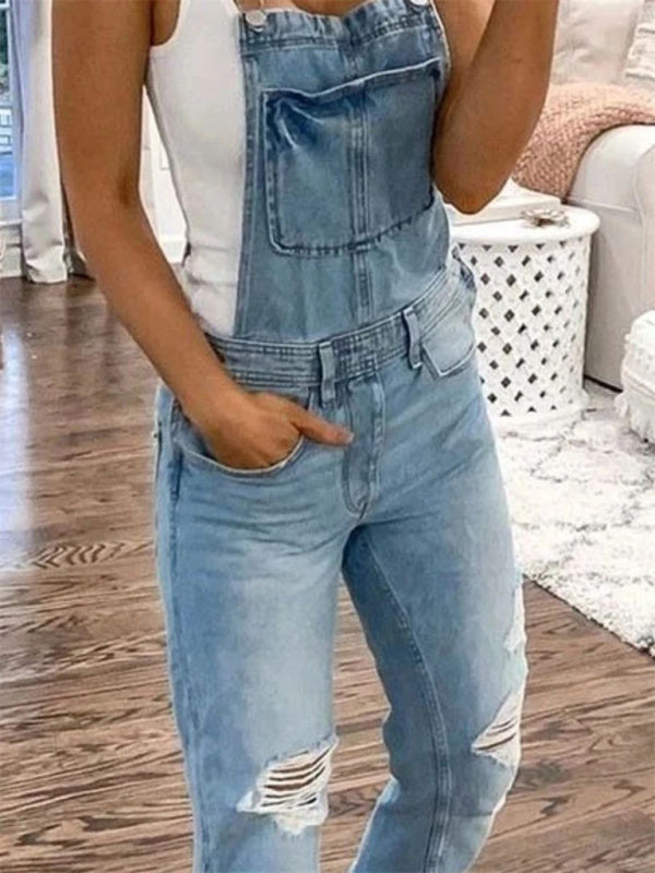 GR | Double Shoulder Strap Ripped Denim Jumpsuit Women's Casual
