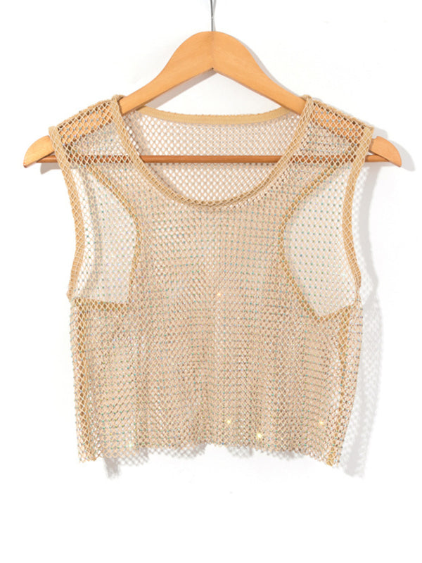 GR | Sexy Mesh Blitz Diamant Fischernetz Weste Nachtclub Perspektive heißes Mädchen T-Shirt Top