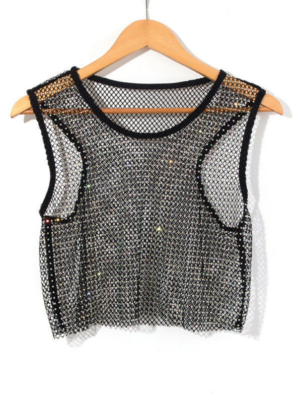 GR | Sexy Mesh Lightning Diamond Fisherman's Net Vest Nightclub Perspective Hot Girl T-Shirt Top 