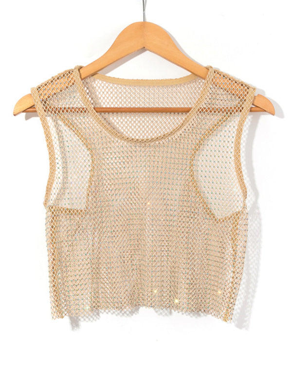 GR | Sexy Mesh Lightning Diamond Fisherman's Net Vest Nightclub Perspective Hot Girl T-Shirt Top 