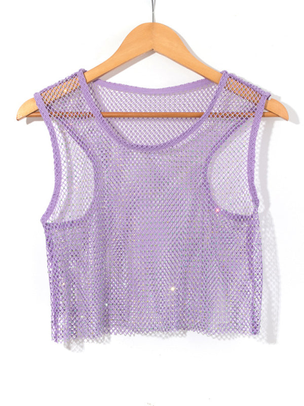 GR | Sexy Mesh Lightning Diamond Fisherman's Net Vest Nightclub Perspective Hot Girl T-Shirt Top 