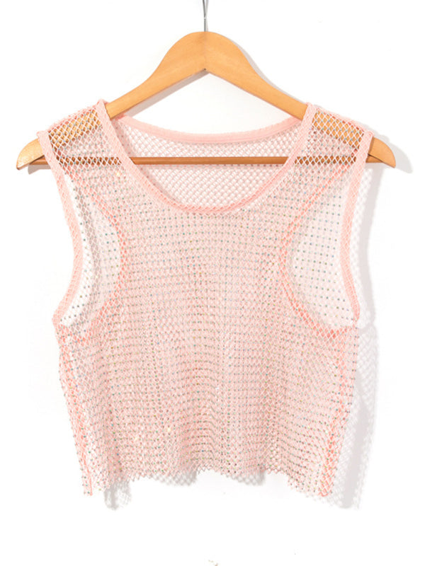 GR | Sexy Mesh Lightning Diamond Fisherman's Net Vest Nightclub Perspective Hot Girl T-Shirt Top 