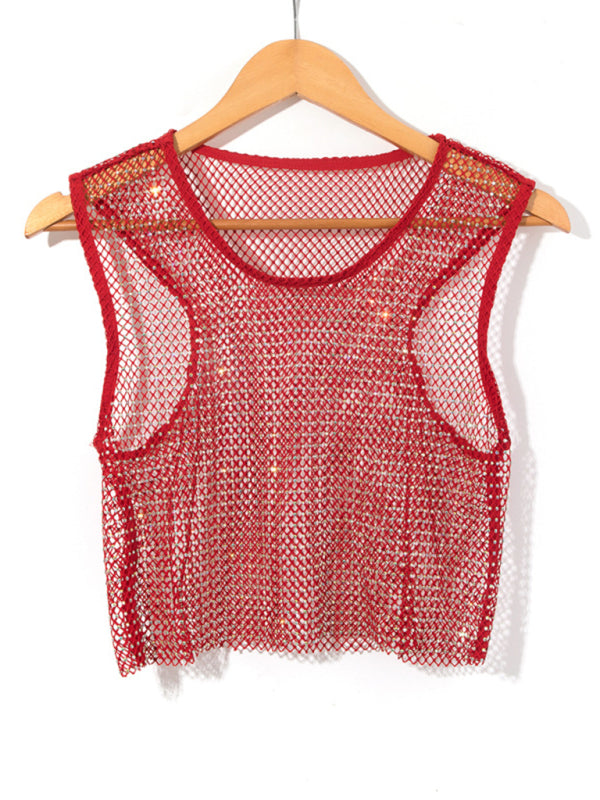GR | Sexy Mesh Lightning Diamond Fisherman's Net Vest Nightclub Perspective Hot Girl T-Shirt Top 