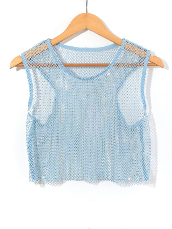 GR | Sexy Mesh Lightning Diamond Fisherman's Net Vest Nightclub Perspective Hot Girl T-Shirt Top 