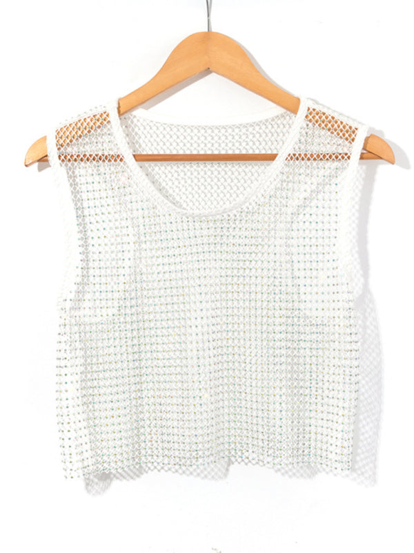 GR | Sexy Mesh Lightning Diamond Fisherman's Net Vest Nightclub Perspective Hot Girl T-Shirt Top 