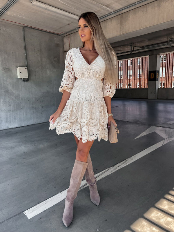 GR | Damen Unifarbene V-Ausschnitt Spitzenkleid