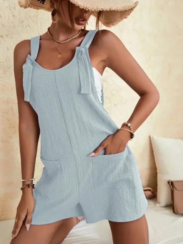 GR | Women's Solid Color Patch Pocket Lace-Up Casual Jumpsuit 