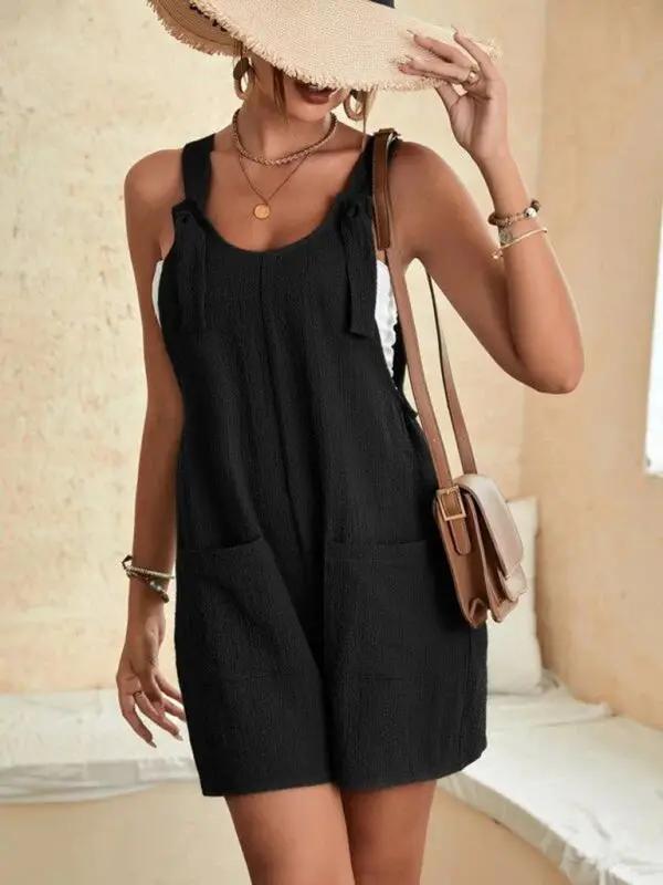 GR | Women's Solid Color Patch Pocket Lace-Up Casual Jumpsuit 