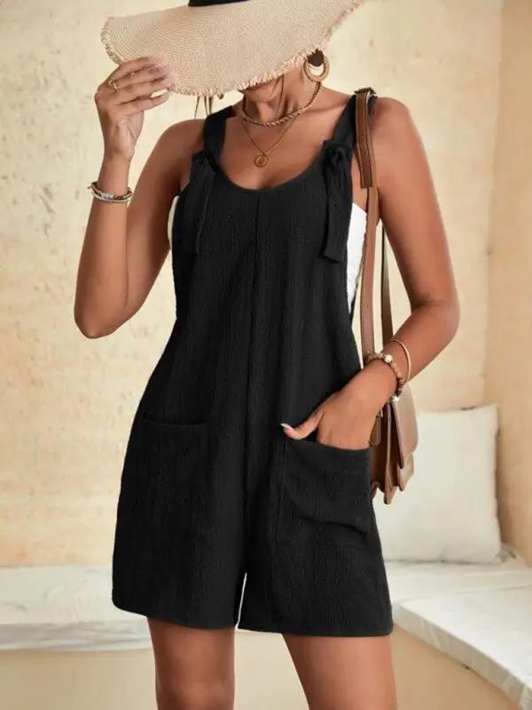 GR | Women's Solid Color Patch Pocket Lace-Up Casual Jumpsuit 