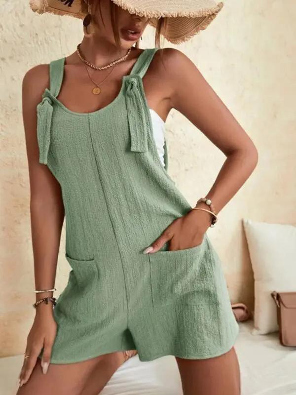 GR | Women's Solid Color Patch Pocket Lace-Up Casual Jumpsuit 