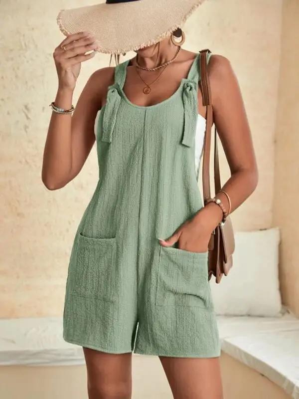 GR | Women's Solid Color Patch Pocket Lace-Up Casual Jumpsuit 
