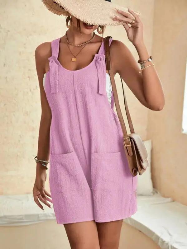 GR | Women's Solid Color Patch Pocket Lace-Up Casual Jumpsuit 