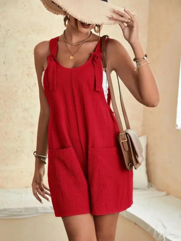 GR | Women's Solid Color Patch Pocket Lace-Up Casual Jumpsuit 