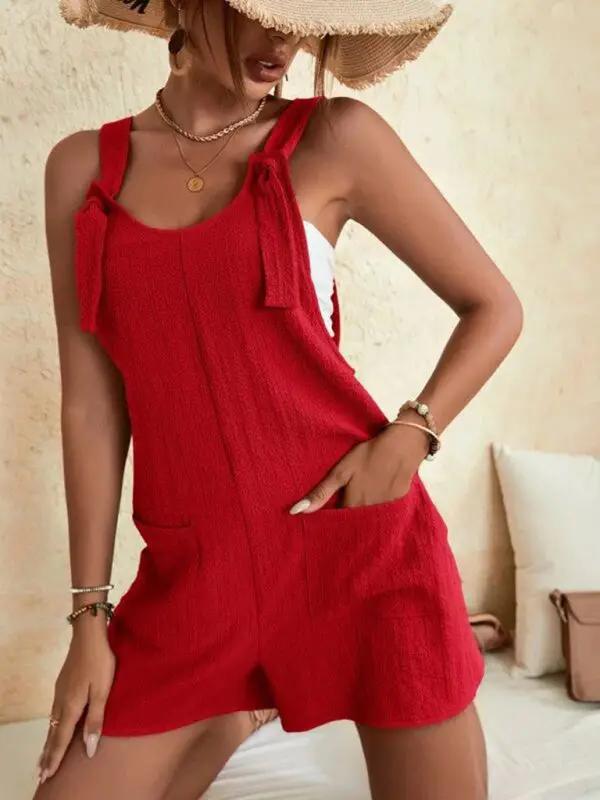 GR | Women's Solid Color Patch Pocket Lace-Up Casual Jumpsuit 