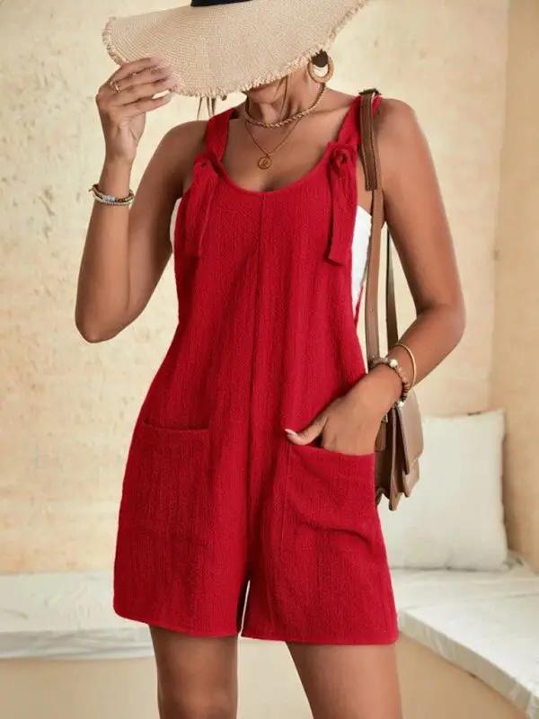 GR | Women's Solid Color Patch Pocket Lace-Up Casual Jumpsuit 