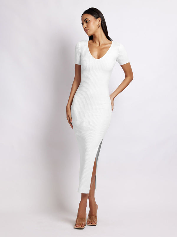 GR | Damen Strick V-Ausschnitt enganliegend Schlitz Kurzarm Midikleid