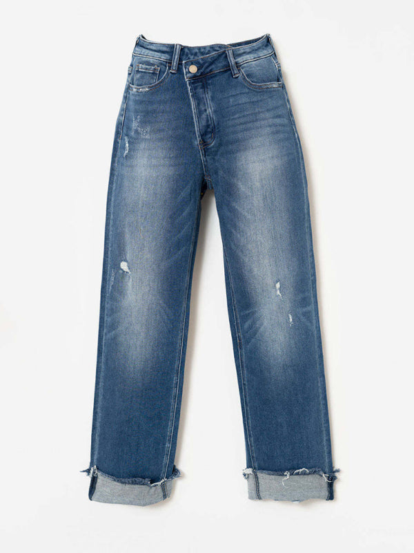 GR | Women's Denim Washed High Waist Fashionable Casual Design Drawstring Trousers