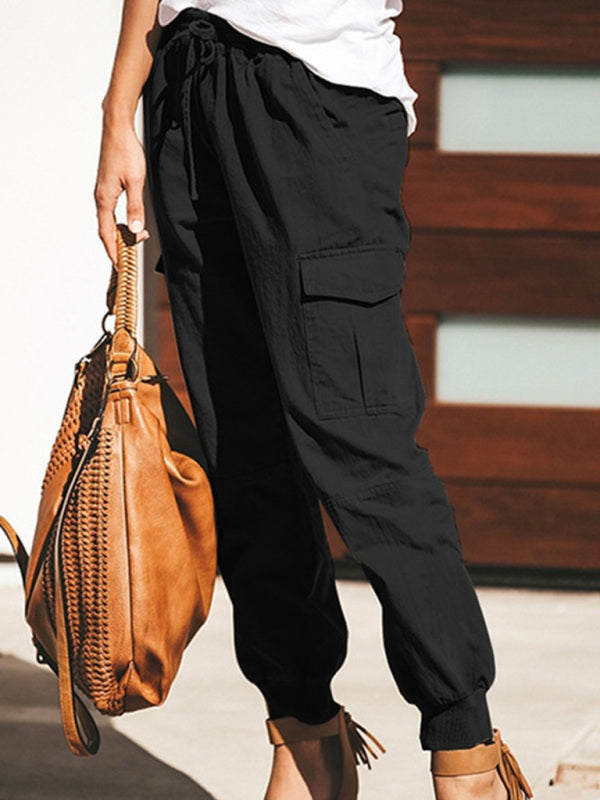 GR | Women's Solid Color Casual Fashion Bag Tie Cargo Pants Women's Trousers 