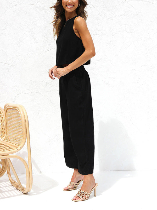 GR | Women's Casual Sleeveless Button-Down Vest with Wide-Leg Trousers, Cotton and Linen Suit