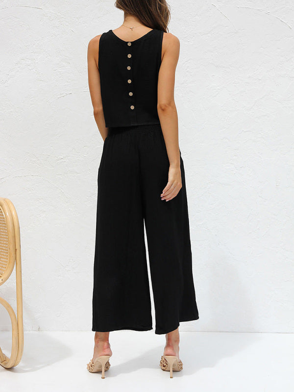 GR | Women's Casual Sleeveless Button-Down Vest with Wide-Leg Trousers, Cotton and Linen Suit