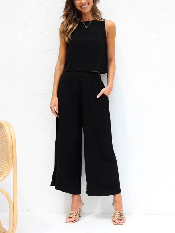 GR | Women's Casual Sleeveless Button-Down Vest with Wide-Leg Trousers, Cotton and Linen Suit