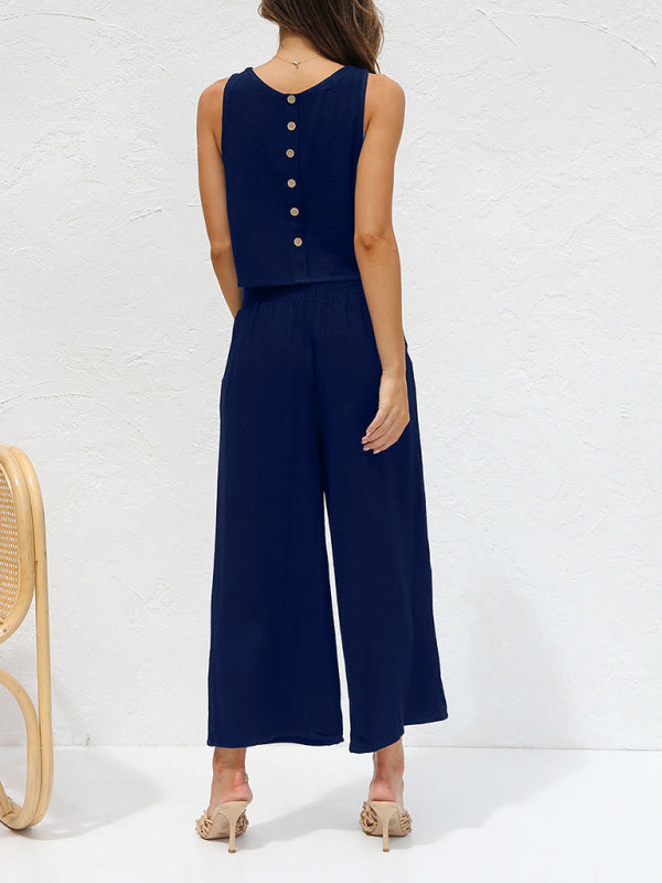 GR | Women's Casual Sleeveless Button-Down Vest with Wide-Leg Trousers, Cotton and Linen Suit