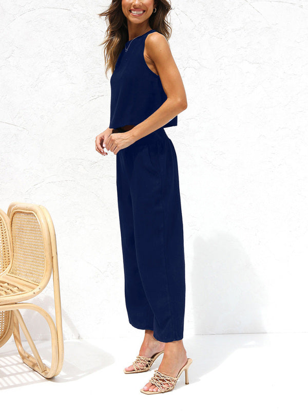 GR | Women's Casual Sleeveless Button-Down Vest with Wide-Leg Trousers, Cotton and Linen Suit