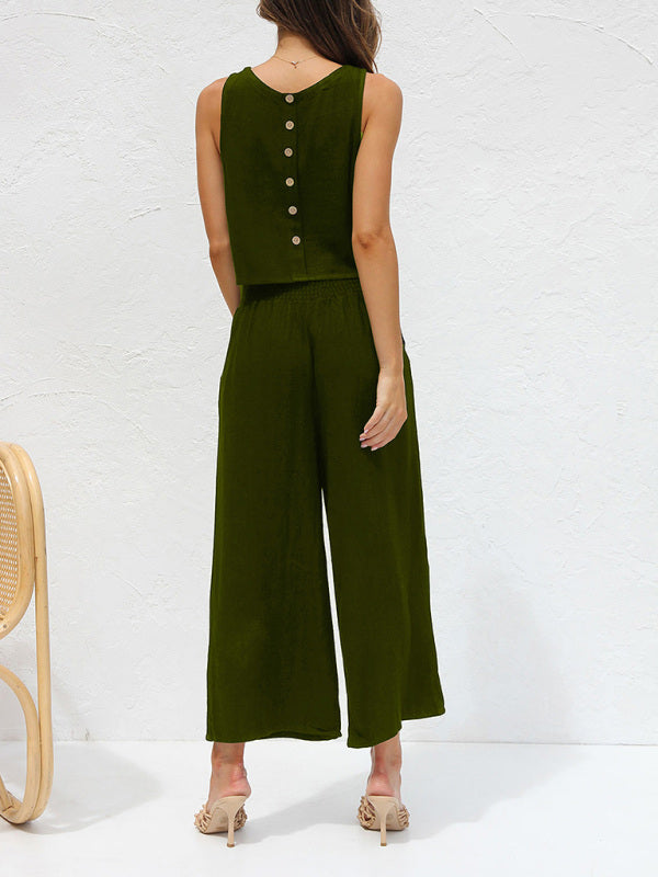 GR | Women's Casual Sleeveless Button-Down Vest with Wide-Leg Trousers, Cotton and Linen Suit