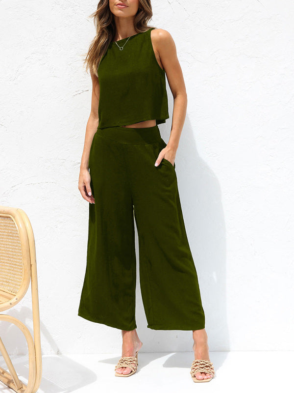 GR | Women's Casual Sleeveless Button-Down Vest with Wide-Leg Trousers, Cotton and Linen Suit