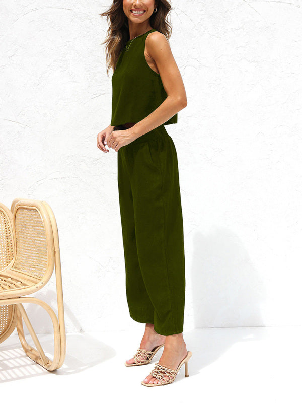 GR | Women's Casual Sleeveless Button-Down Vest with Wide-Leg Trousers, Cotton and Linen Suit