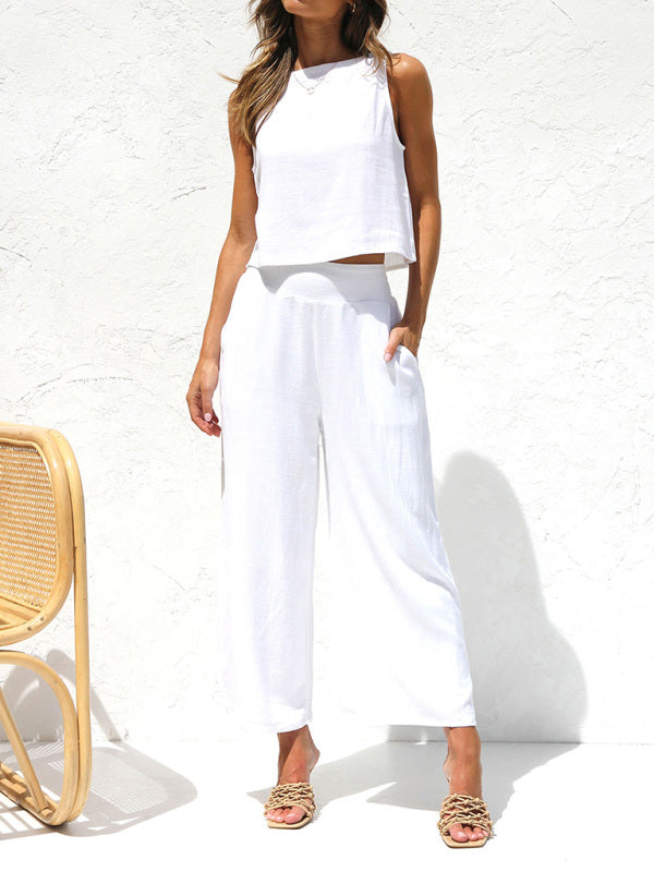 GR | Women's Casual Sleeveless Button-Down Vest with Wide-Leg Trousers, Cotton and Linen Suit