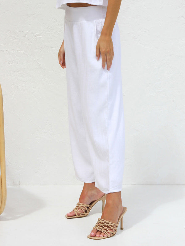 GR | Women's Casual Sleeveless Button-Down Vest with Wide-Leg Trousers, Cotton and Linen Suit